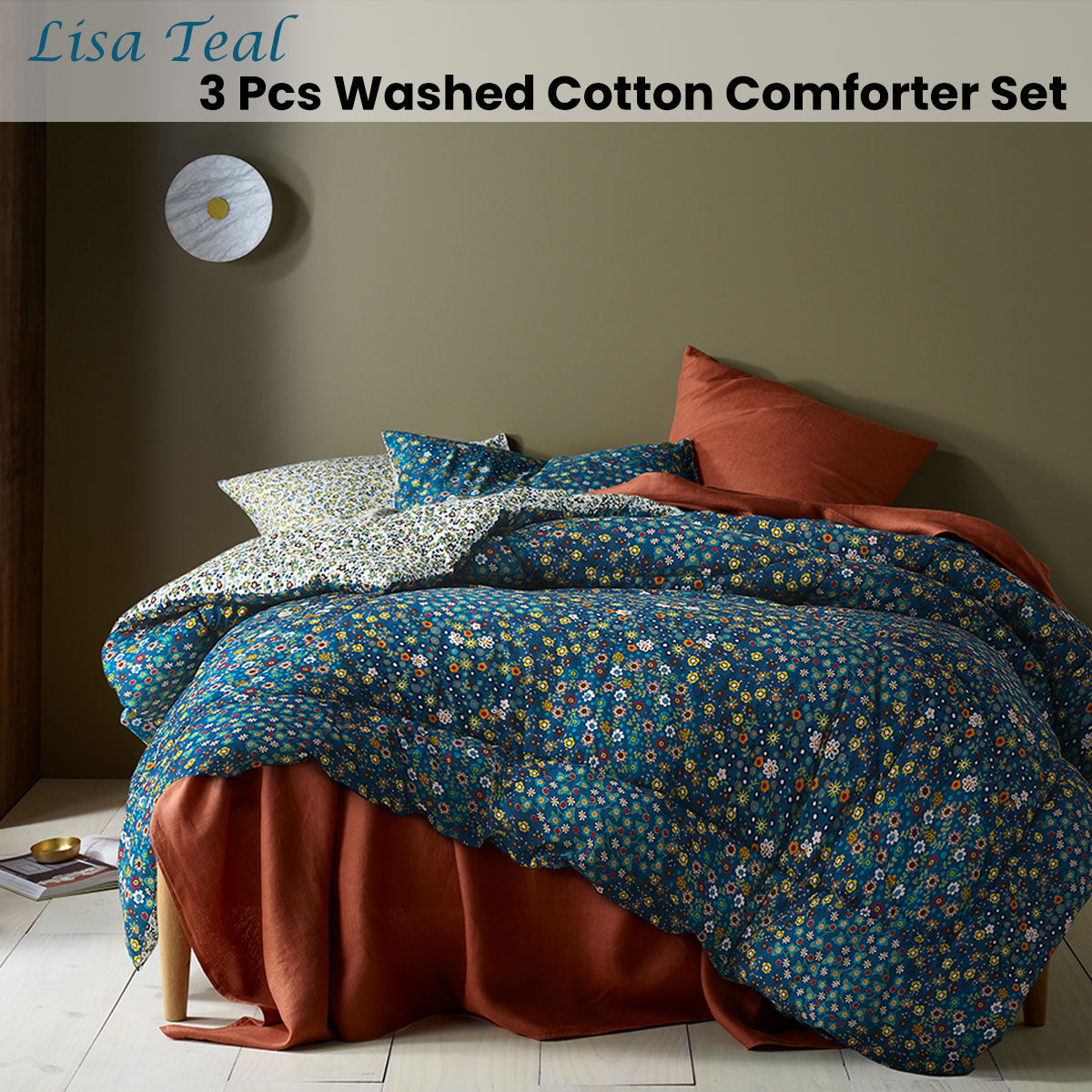 Accessorize Lisa Teal Washed Cotton Printed 3 Piece Comforter Set King