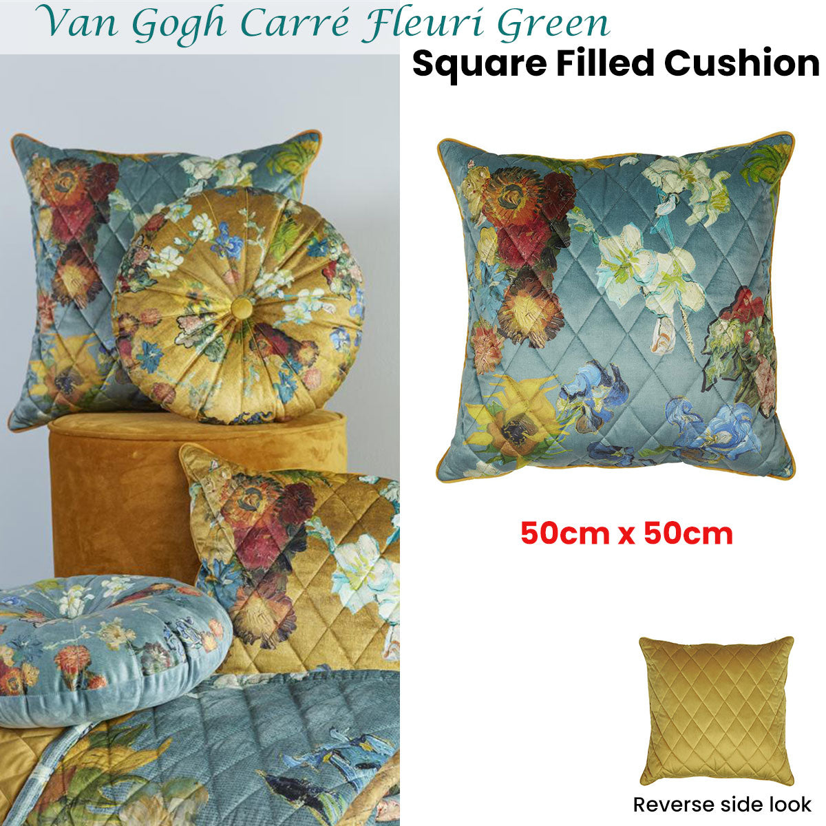Bedding House Van Gogh Carre Fleuri Green Square Filled Cushion 50cm x 50cm