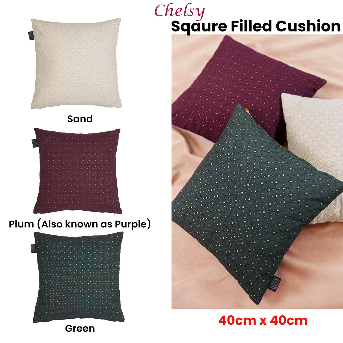 Bedding House Chelsy Plum (Also Known as Purple) Square Filled Cushion 40cm x 40cm