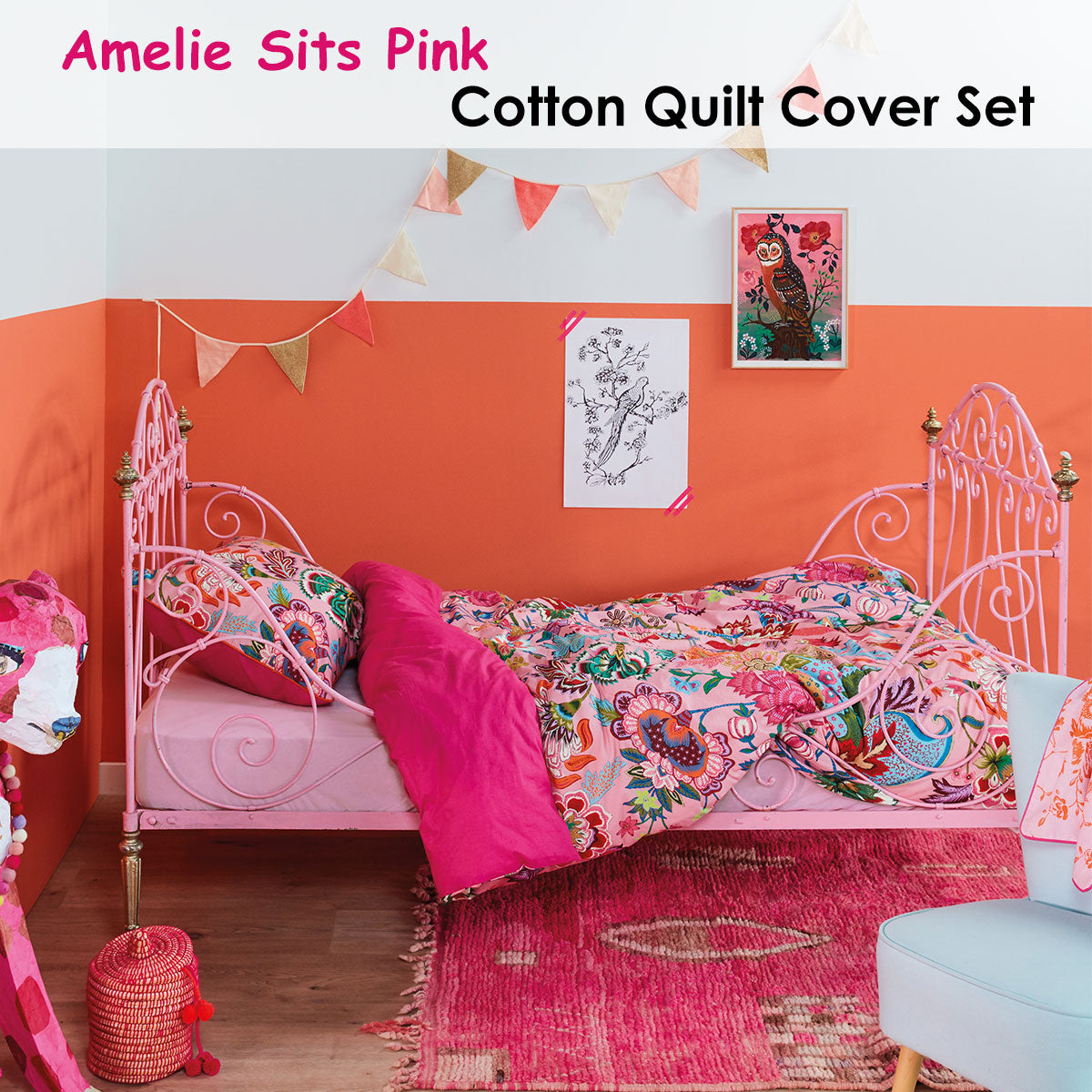 Oilily Amelie Sits Pink Cotton Quilt Cover Set Single