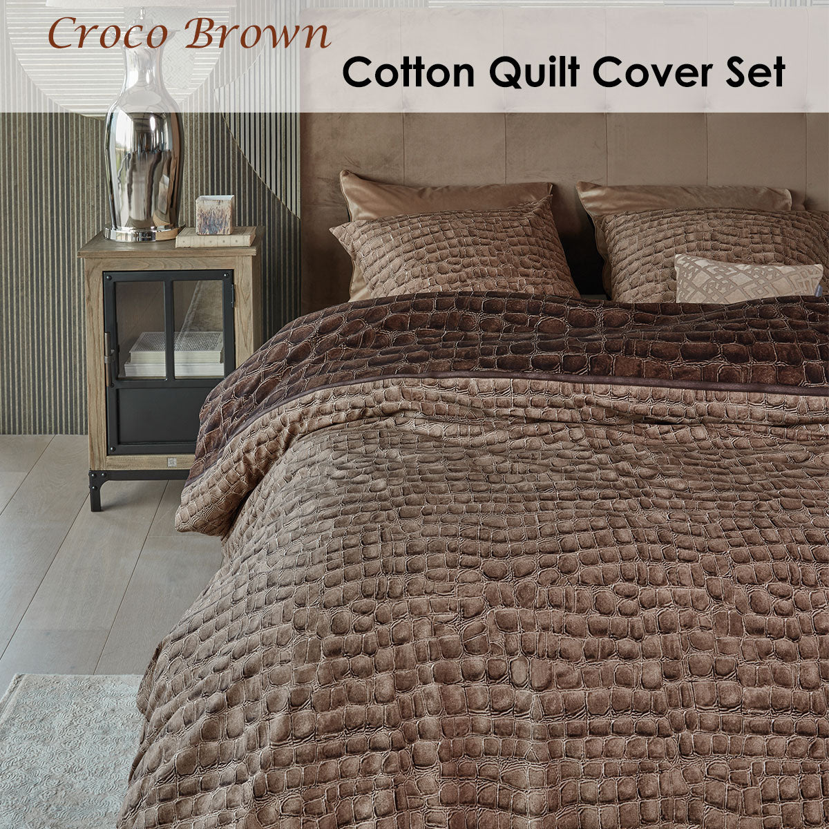 Riviera Maison Croco Brown Cotton Quilt Cover Set Queen