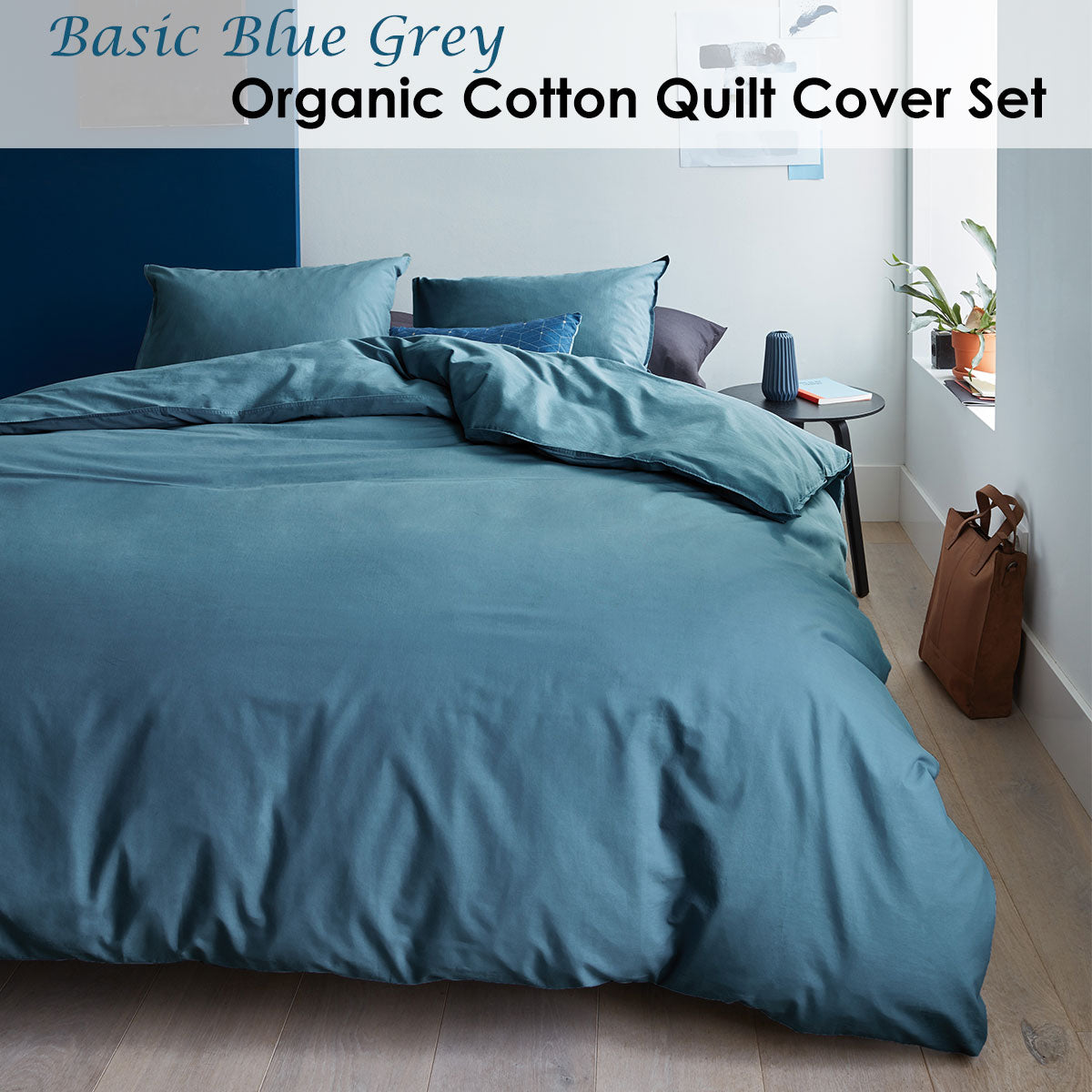 Bedding House Organic Cotton Basic Blue Grey Quilt Cover Set Queen