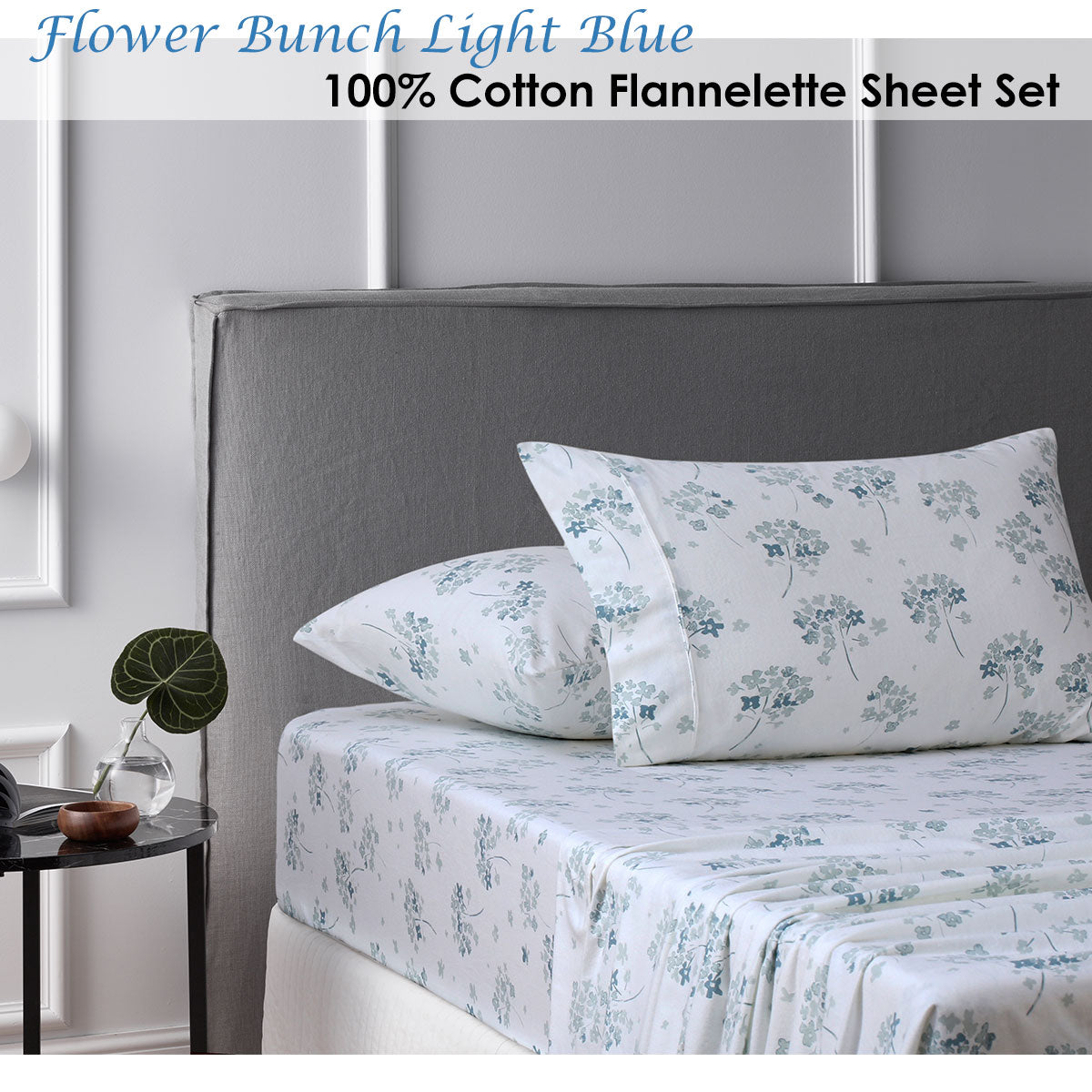 Accessorize Cotton Flannelette Sheet Set Flower Bunch Light Blue Double