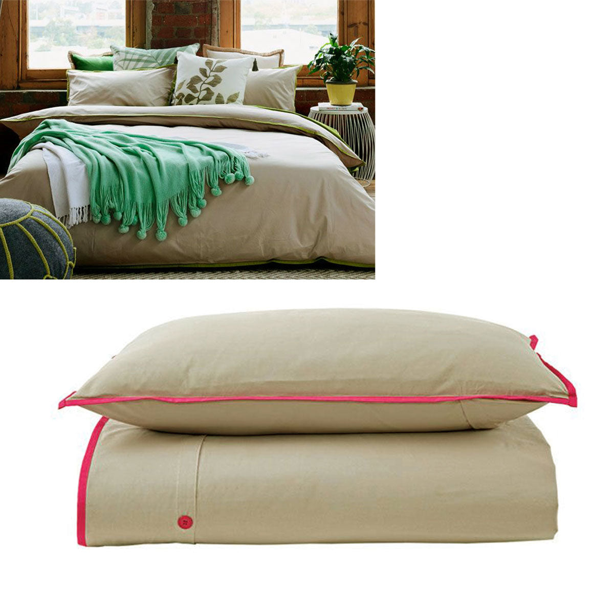 Jane Barrington Cotton Quilt Cover Set Taupe/Hot Pink Single