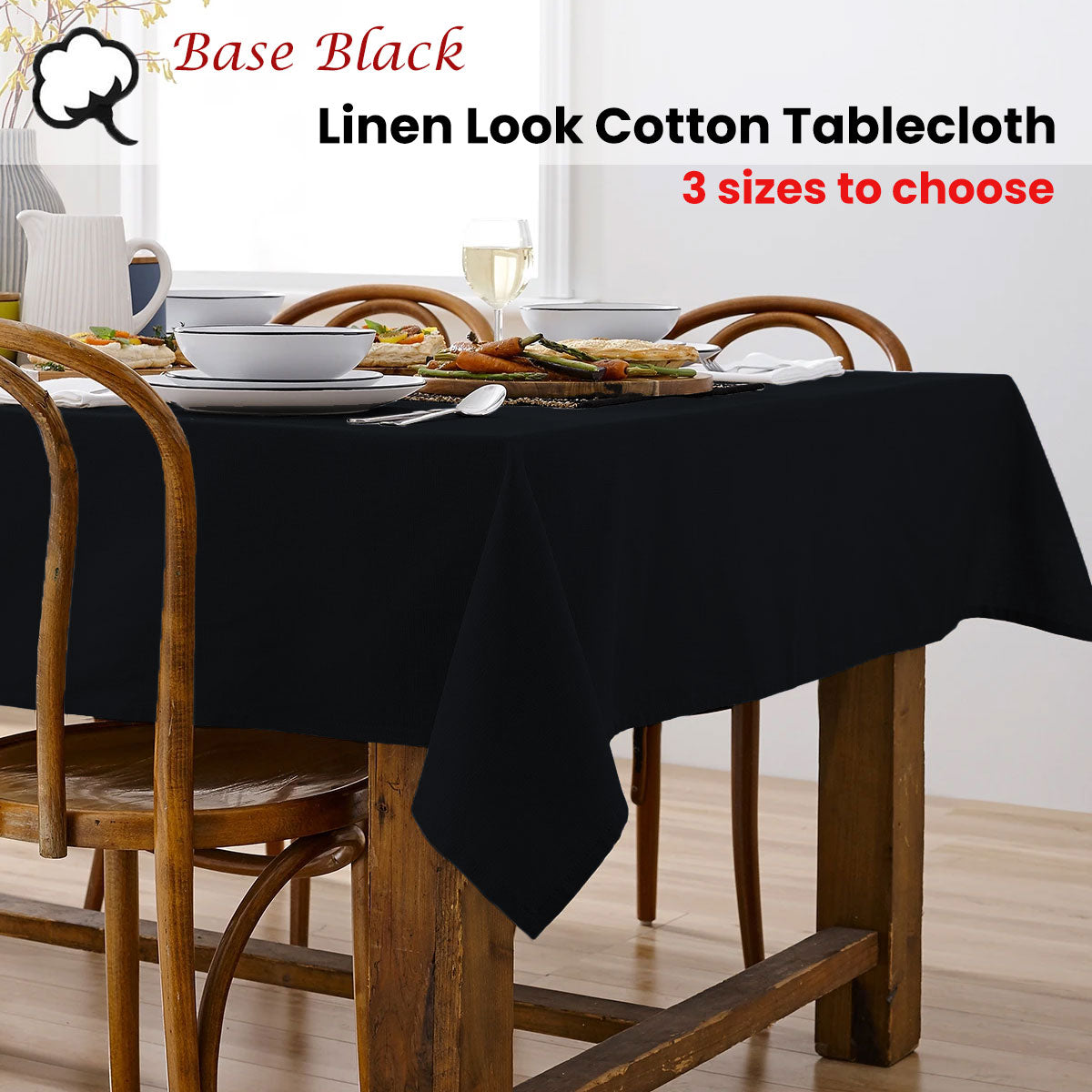 Ladelle Base Black Linen Look 100% Cotton Tablecloth 150 x 300 cm