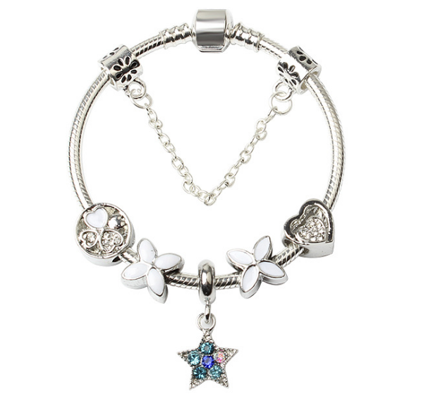 Women Silver Plated Bracelet Snake Chain with Classic Bead Barrel Clasp and Blue Star Pendant(20cm)