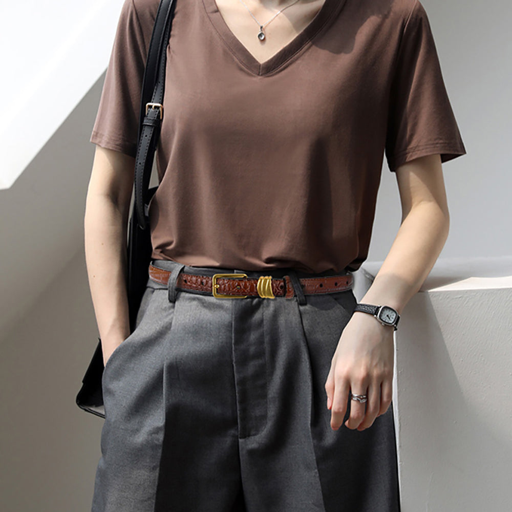 Genuine leather with Crocodile pattern pin buckle thin belt jeans belt for women (Black)