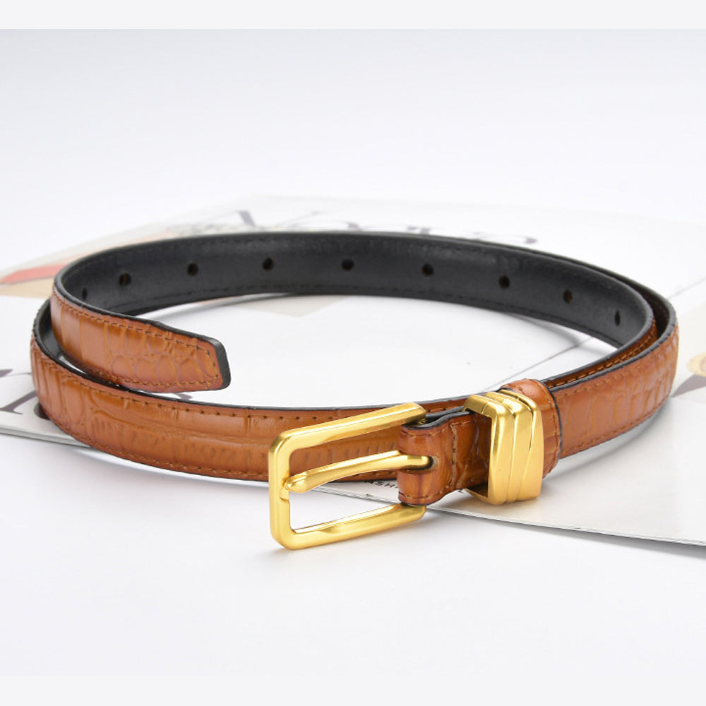 Genuine leather with Crocodile pattern pin buckle thin belt jeans belt for women (Light Brown)