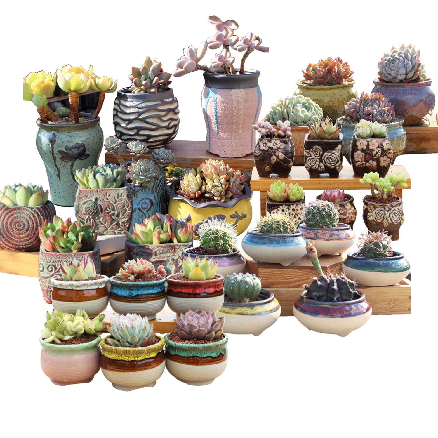 4/5/6 Pots Set Ceramic Clay Pottery Pots Succulent Flower Planter Draining Hole(Style 04# 6 Pots Set)