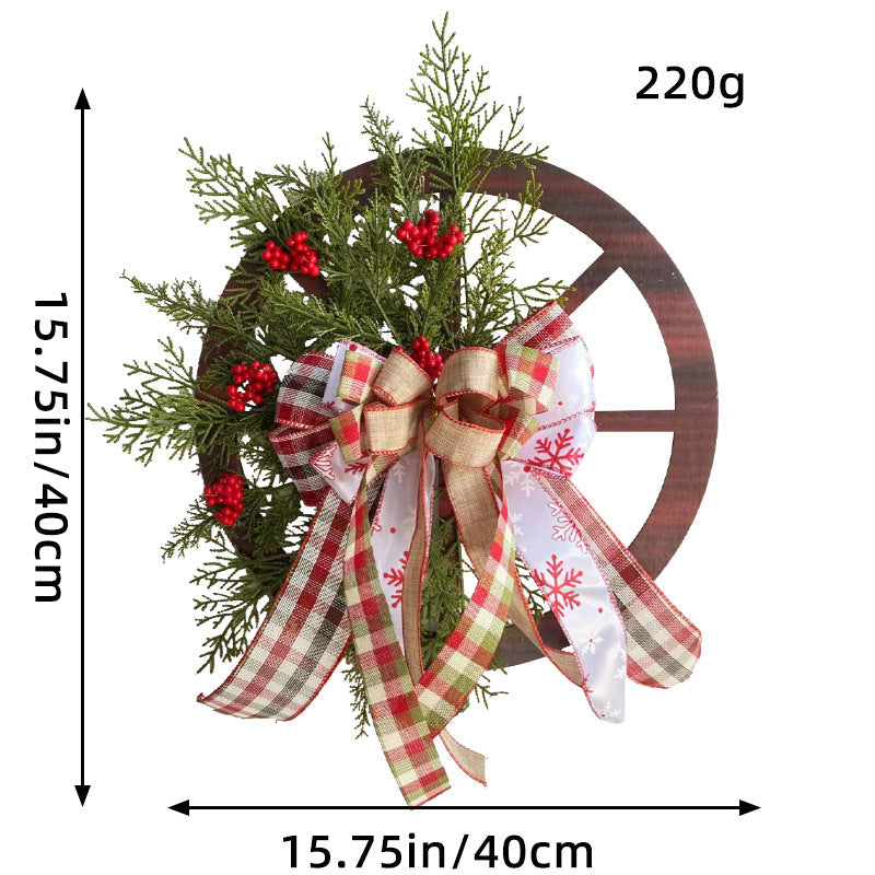 Christmas Red Wooden Wheel Wreath Front Door Hanging Garland Wall Decor(30*30cm)