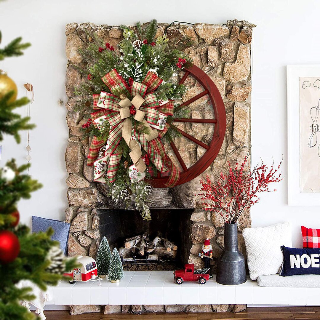 Christmas Red Wooden Wheel Wreath Front Door Hanging Garland Wall Decor(30*30cm)