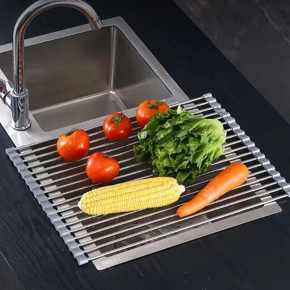 Kitchen Roll-Up Dish Drying Rack Foldable Drainer Over Sink 304-Stainless Steel(Small:47*24cm)