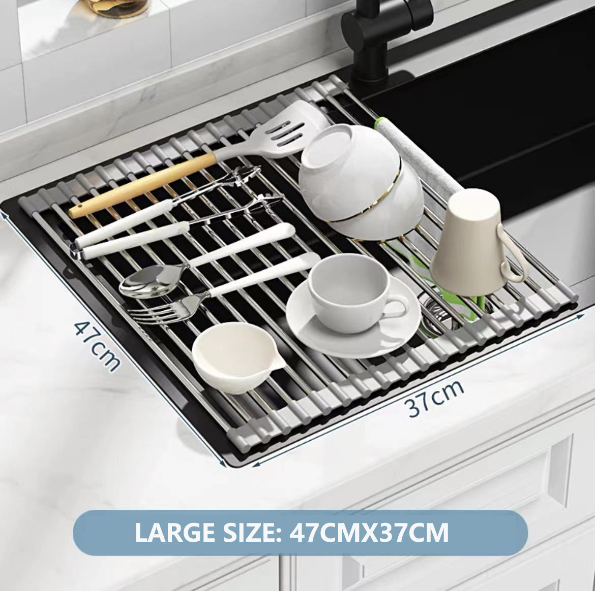 Kitchen Roll-Up Dish Drying Rack Foldable Drainer Over Sink 304-Stainless Steel(Large:47*37cm)