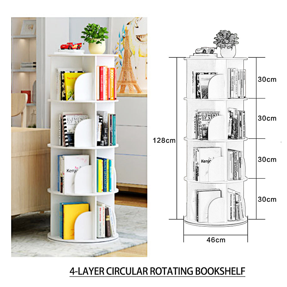 White Wooden Circular 360�� Rotating Bookshelf Display Storage Stand(4 Layers)