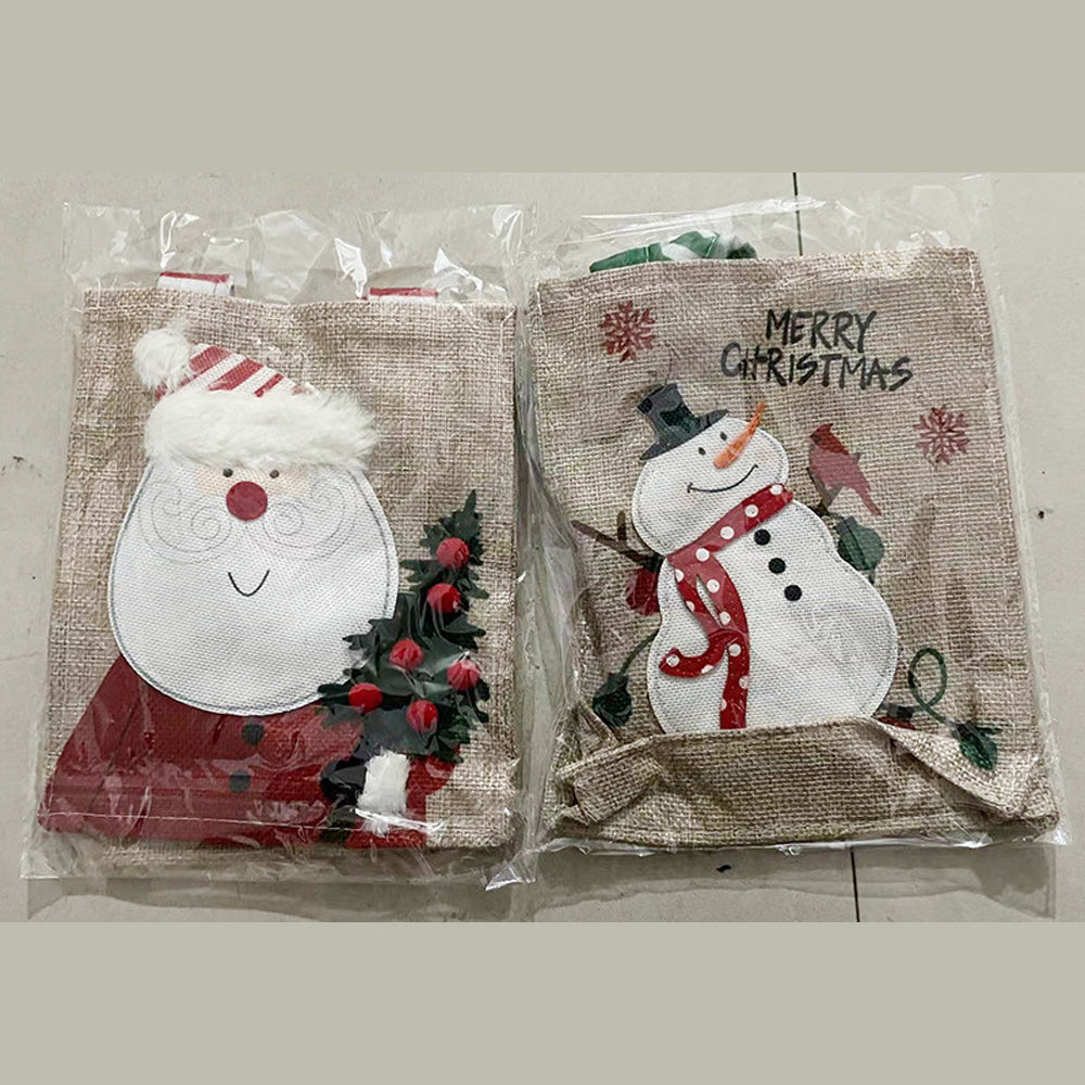 2Pcs Set Christmas Gift Bags Sackcloth Festive Cartoon hand gift bags