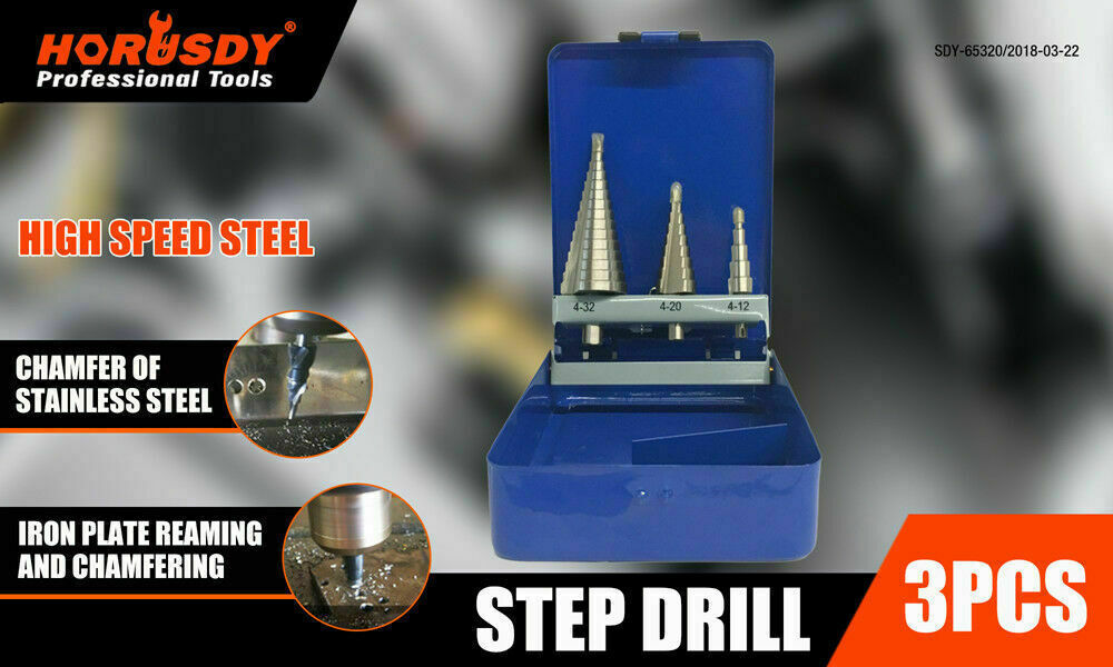 3Pc Step Cone Drill HSS Steel Titanium Bits Set Hole Cutting + Case 4-12/20/32mm