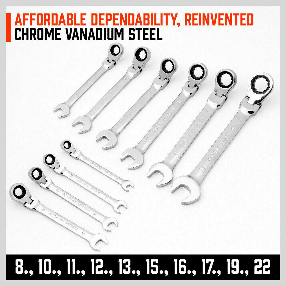 10Pc Flexible Head Ratchet Spanner Set Metric Wrench CRV With Carry Pouch 8-22MM