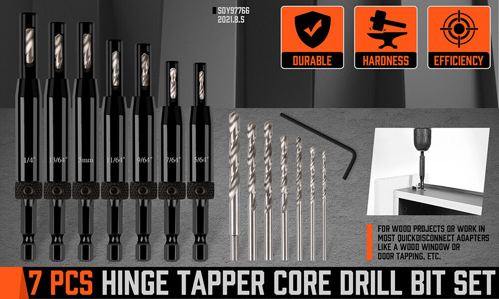 14Pc Self-Centering Hinge Tapper Core Drill Bit Set Center Drill 1/4" Hex Shank