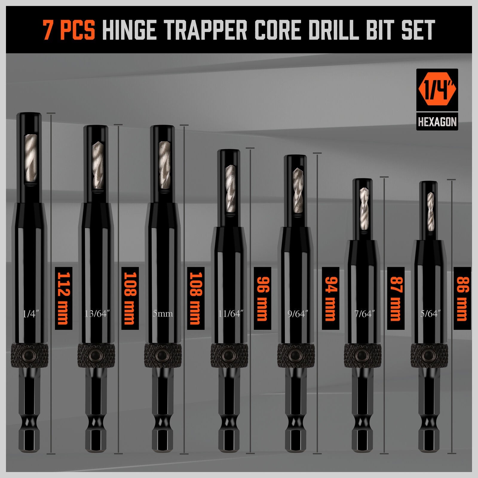 14Pc Self-Centering Hinge Tapper Core Drill Bit Set Center Drill 1/4" Hex Shank