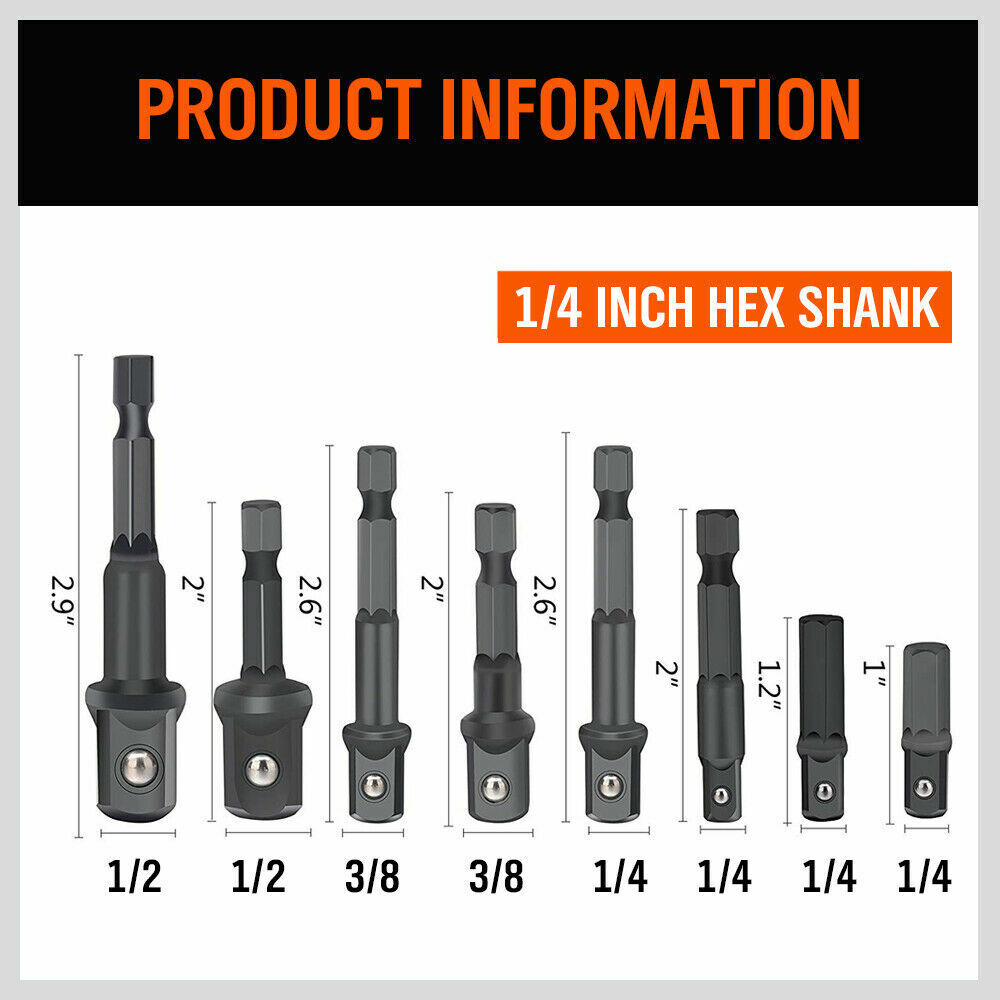 8Pc Drill Socket Adapter Set Impact Nut Driver Hex Extension Bits 1/4" 3/8" 1/2"