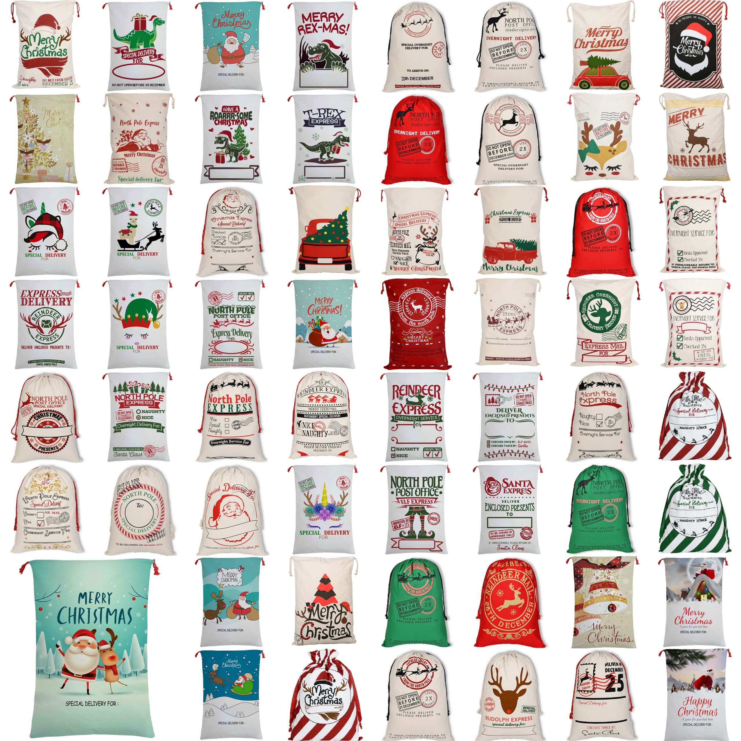 50x70cm Canvas Hessian Christmas Santa Sack Xmas Stocking Reindeer Kids Gift Bag, Cream - North Pole Express