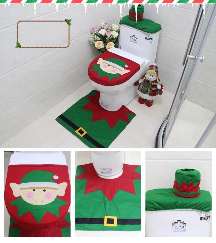 4pcs Christmas Toilet Seat Cover Rug Bathroom Set Santa Snowman Xmas Home Décor, Elf