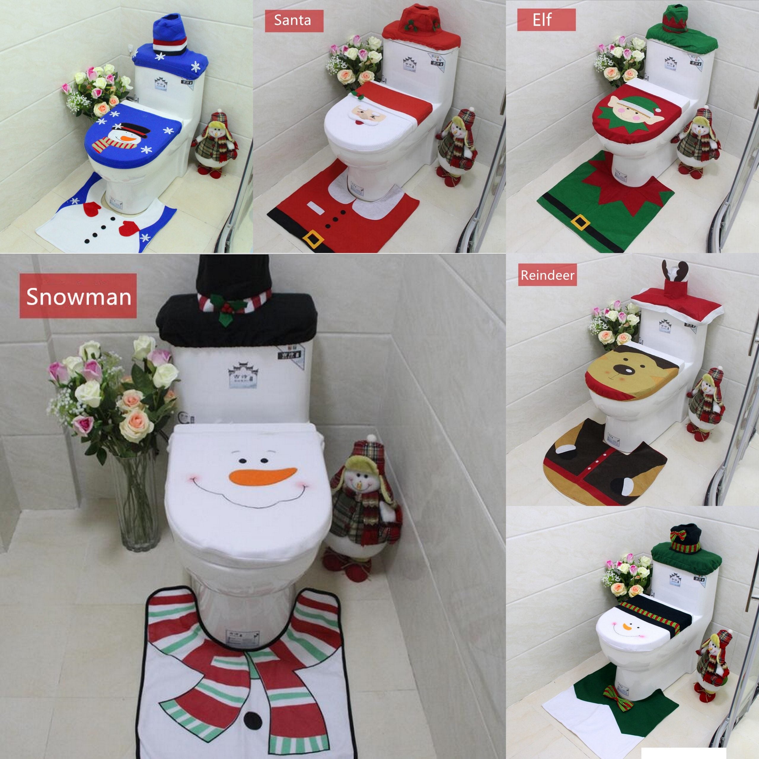 4pcs Christmas Toilet Seat Cover Rug Bathroom Set Santa Snowman Xmas Home Décor, Snowman C (Set of 2)