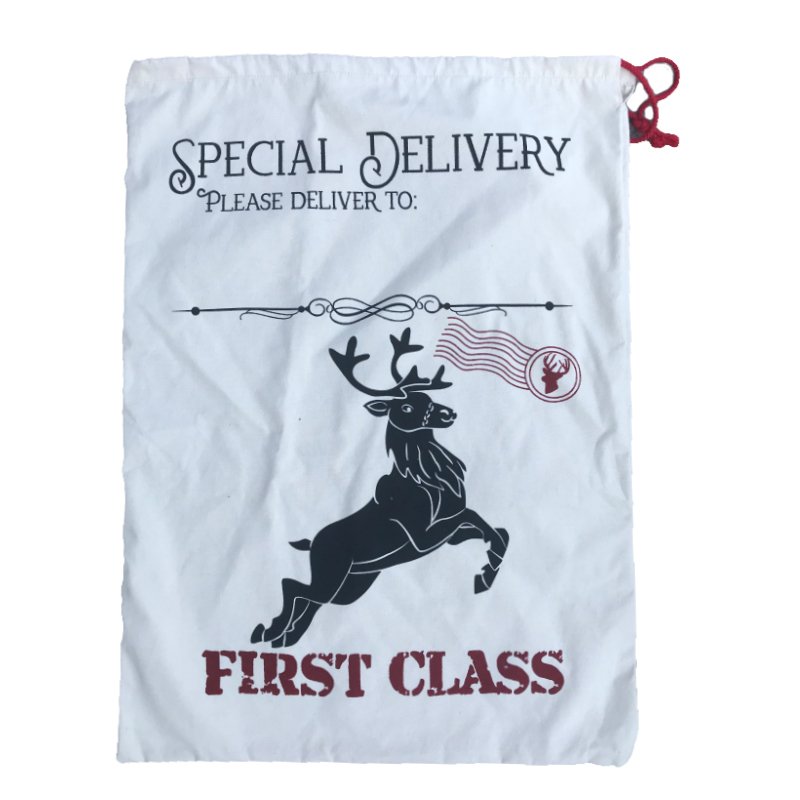 50x70cm Canvas Hessian Christmas Santa Sack Xmas Stocking Reindeer Kids Gift Bag, Cream - Reindeer First Class