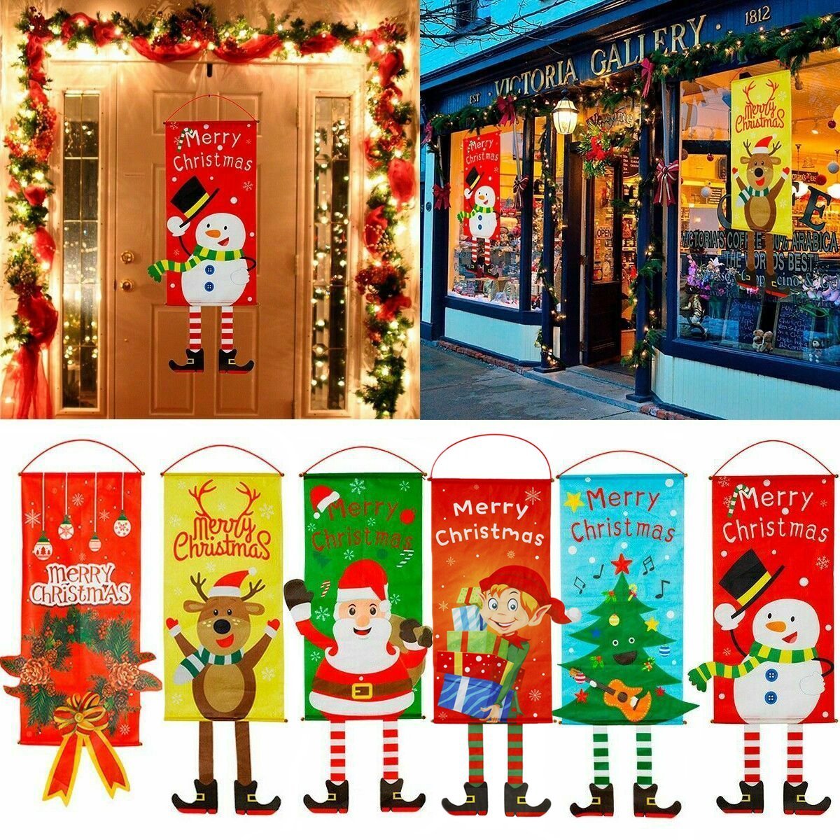 Christmas Hanging Banner Flag Door Window Décor Santa Reindeer Snowman Ornaments, Santa