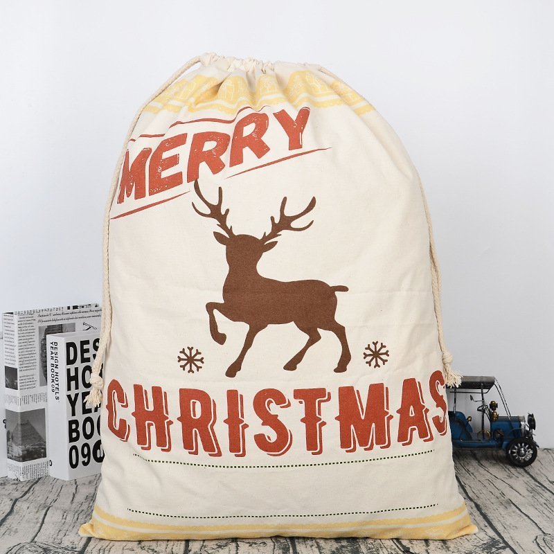 50x70cm Canvas Hessian Christmas Santa Sack Xmas Stocking Reindeer Kids Gift Bag, Cream - Reindeer