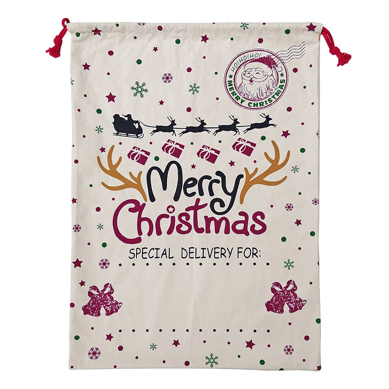 Large Christmas XMAS Hessian Santa Sack Stocking Bag Reindeer Children Gifts Bag, Cream - Snowflakes Reindeer