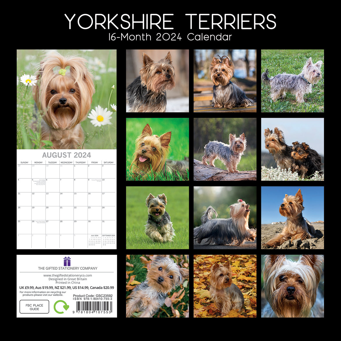 Yorkshire Terriers - 2024 Square Wall Calendar Pets Dog 16 Month Premium Planner