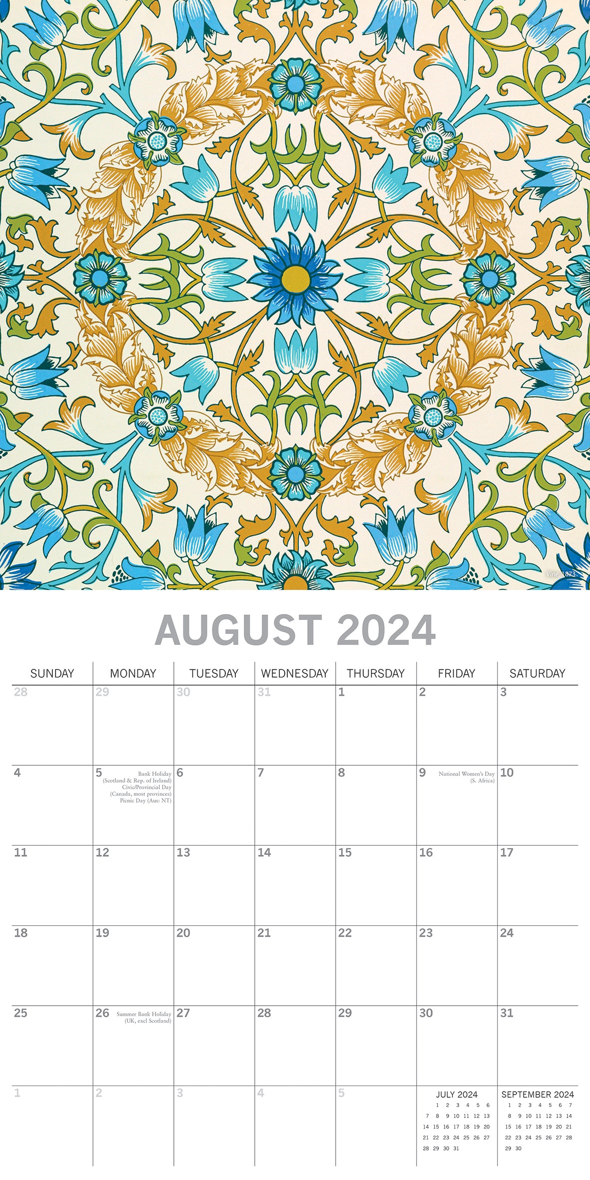 William Morris - Rose - 2024 Square Wall Calendar 16 Months Arts Planner Gift