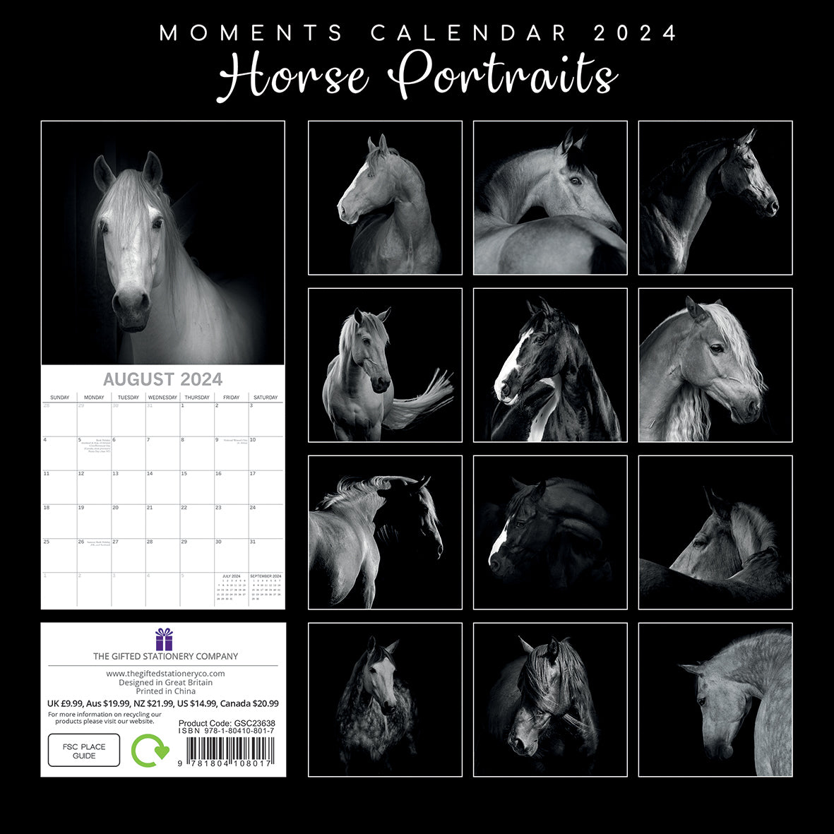 Horse Portraits 2024 Square Wall Calendar 16 Months Black White Pl   V474 615819 100583 01 