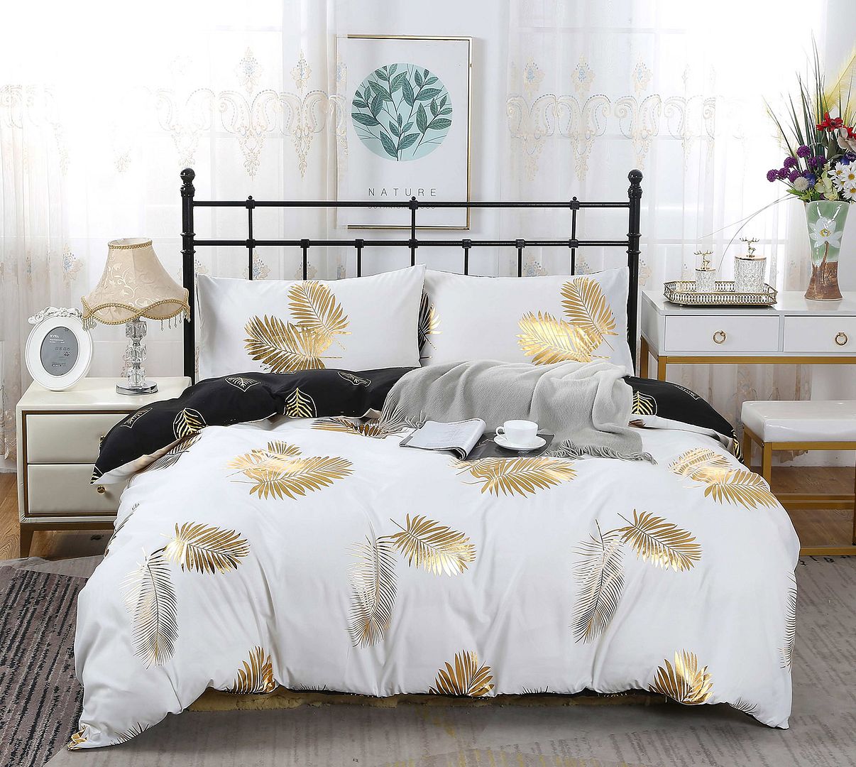 Reversible Design Super King Size Black Gold Duvet Doona Quilt Cover Set