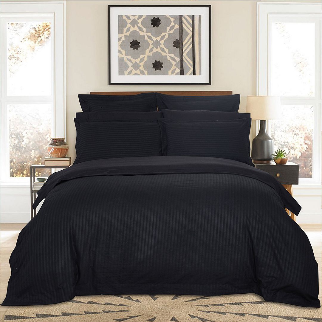 1000TC Ultra Soft Striped King Size Black Duvet Doona Quilt Cover Set