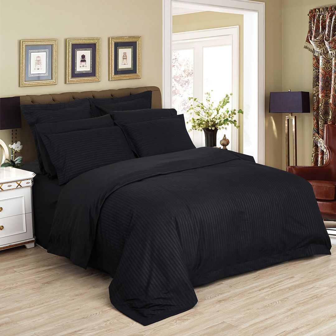 1000TC Ultra Soft Striped Queen Size Black Duvet Doona Quilt Cover Set