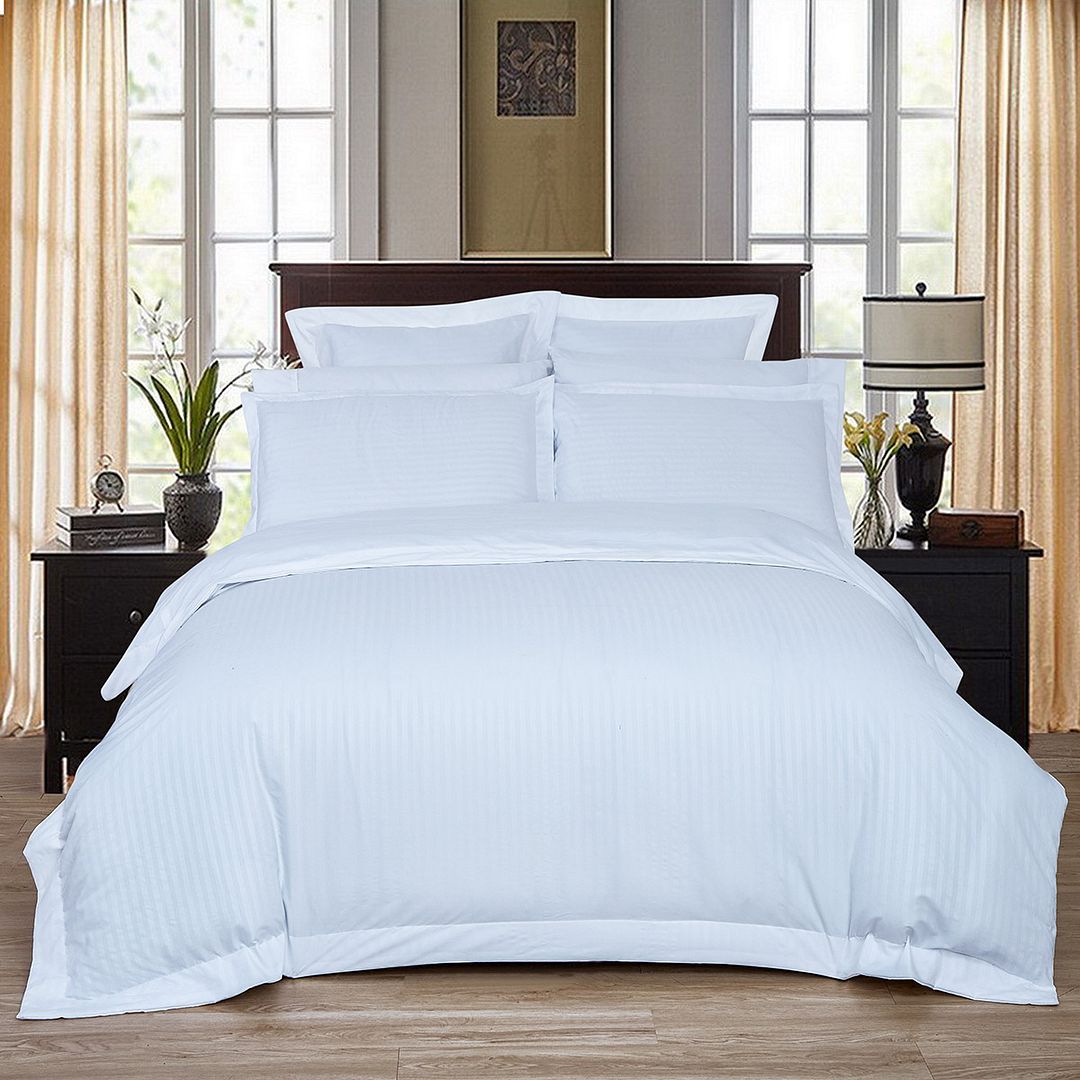 1000TC Ultra Soft Striped Super King Size White Duvet Doona Quilt Cover Set