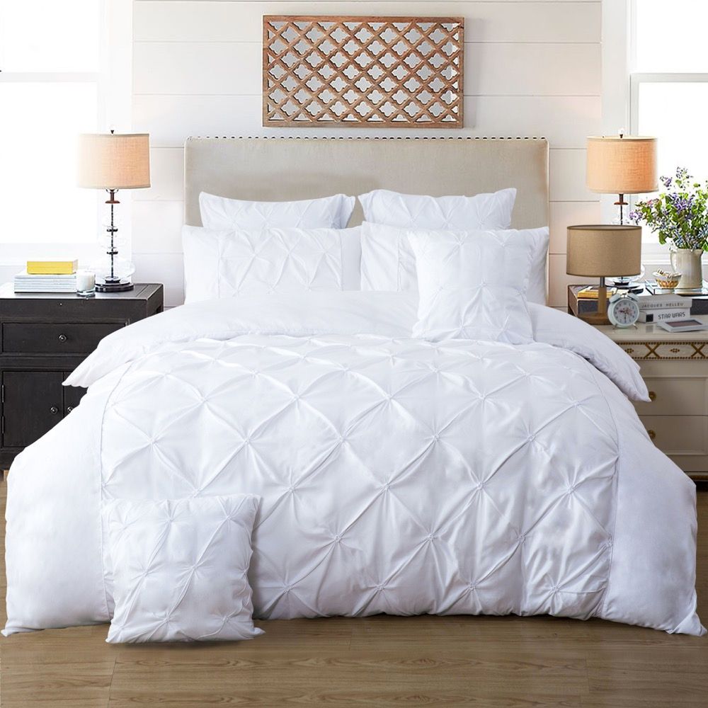 Diamond Pintuck Double Size White Duvet Doona Quilt Cover Set