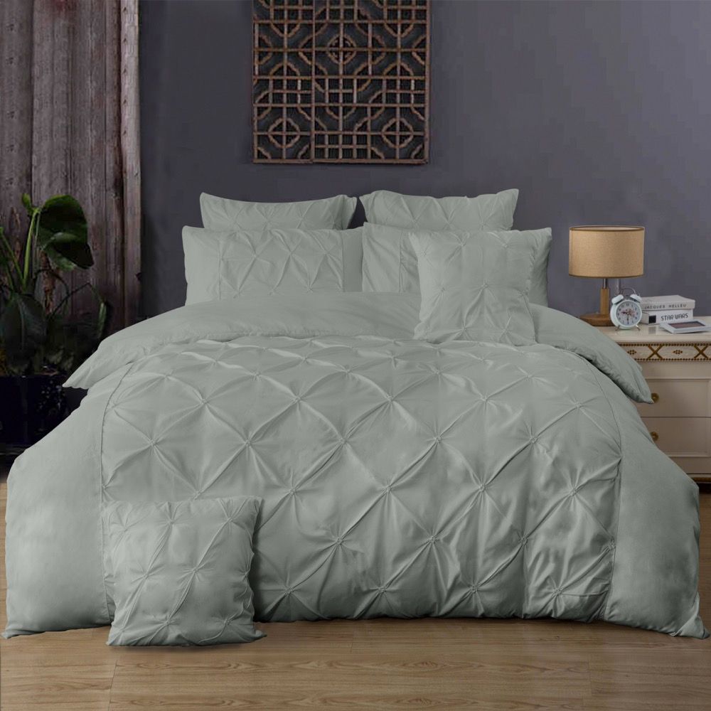 Diamond Pintuck King Size Grey Duvet Doona Quilt Cover Set