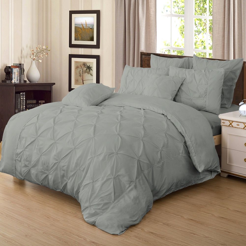 Diamond Pintuck King Size Grey Duvet Doona Quilt Cover Set