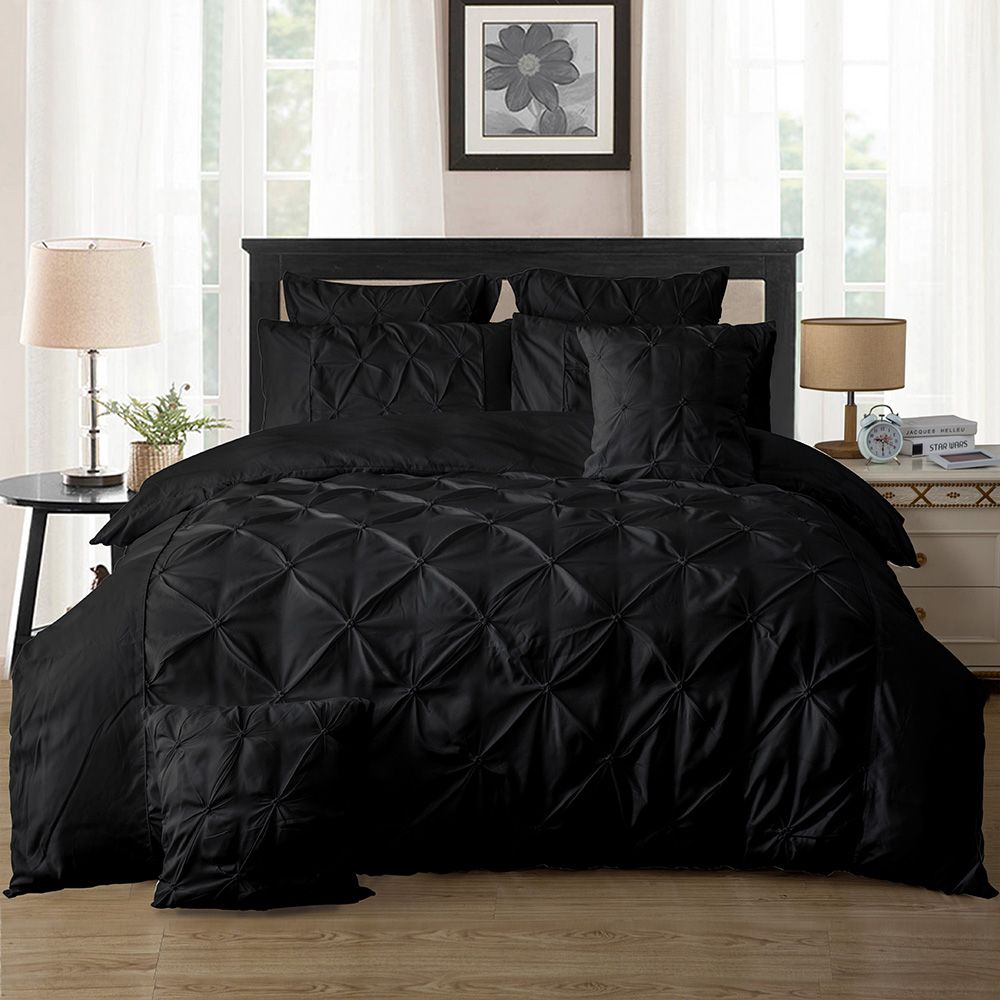 Diamond Pintuck Queen Size Black Duvet Doona Quilt Cover Set