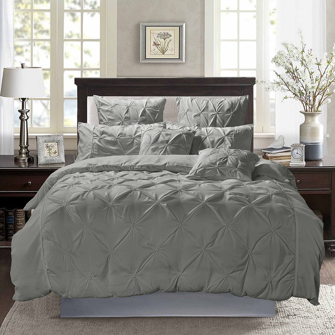 Diamond Pintuck Queen Size Grey Duvet Doona Quilt Cover Set