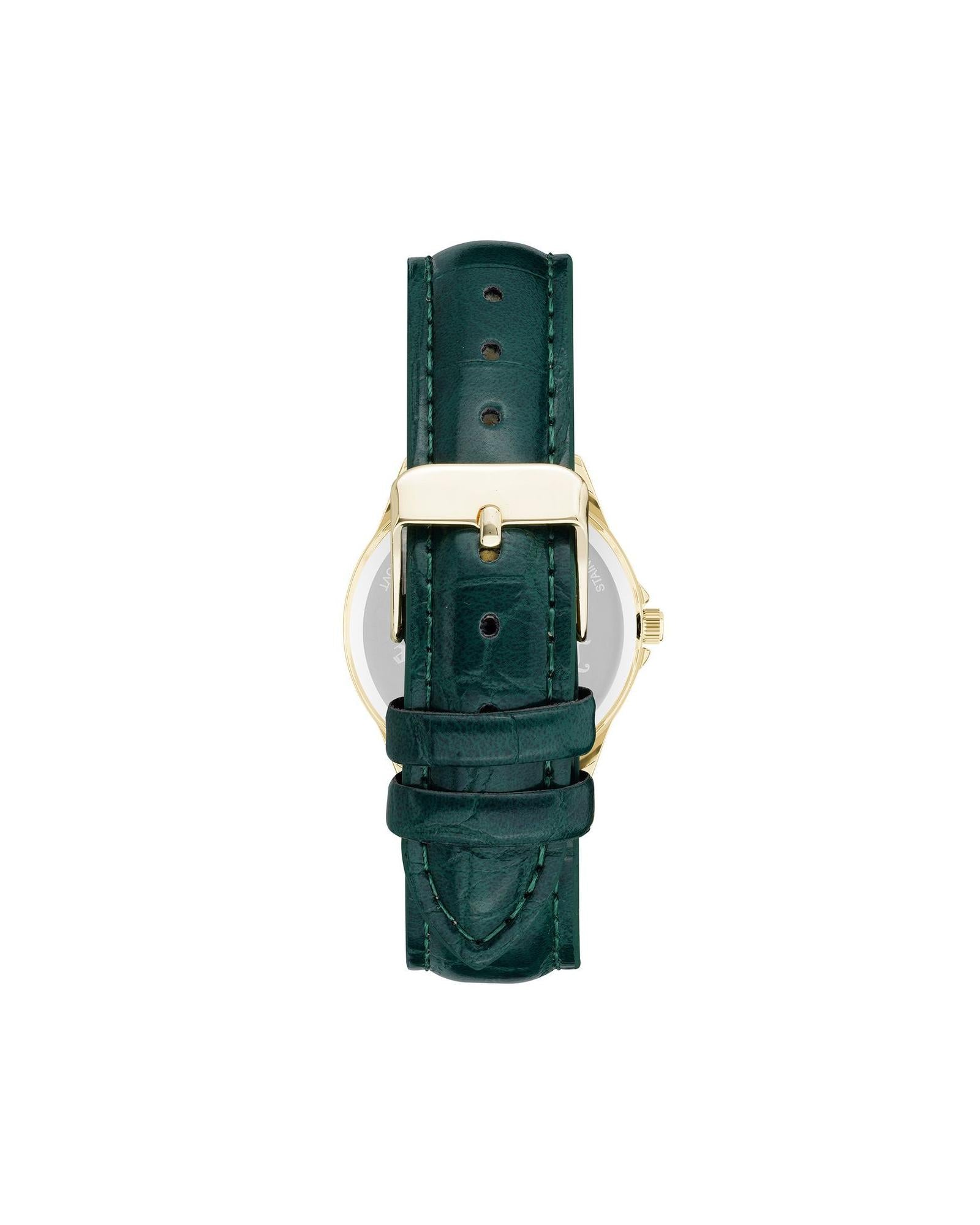 Gold Fashion Analog Watch with Rhine Stone Facing and Green Leatherette Strap One Size Women