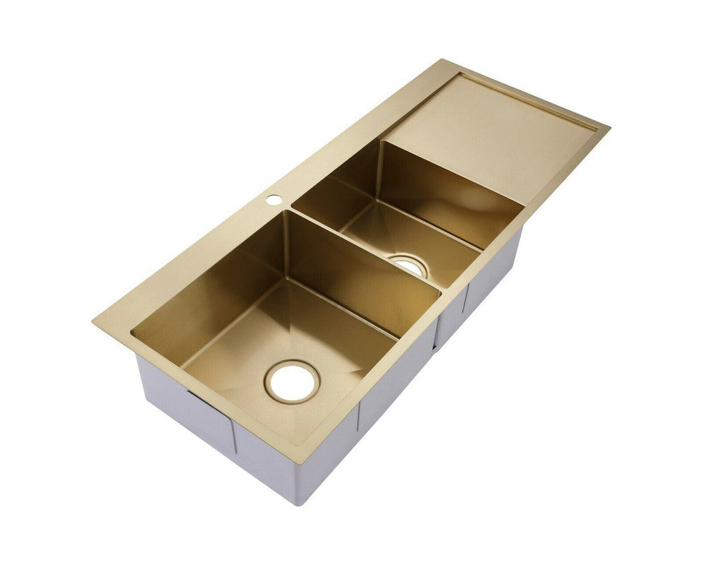 2021 Burnished Brass Gold stainless steel 304 double bowl kitchen sink with drainer on right tap hole