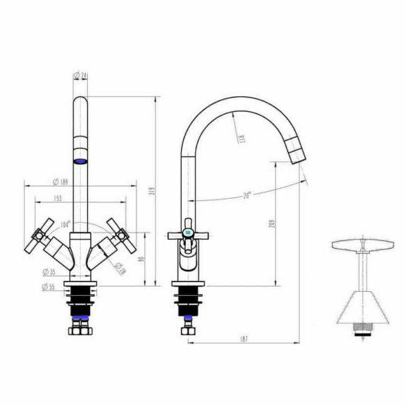 2023 Matte Black Cross 1/4 turn hot cold Solid stainless steel  goose neck Swivel Kitchen tap