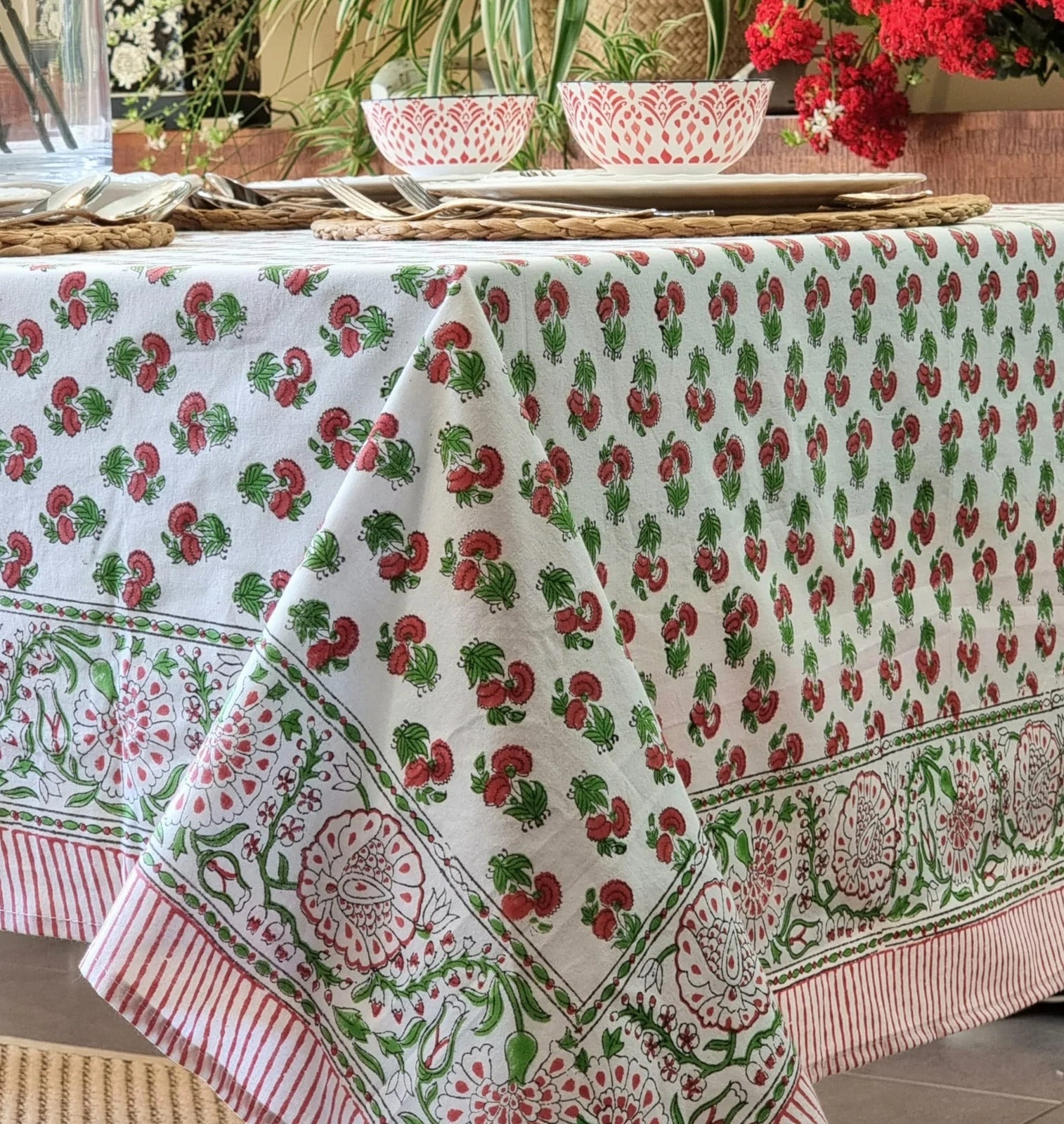 Kolka Mistletoe Hand Block-Printed & Screen Printed Textiles Tablecloth - Red