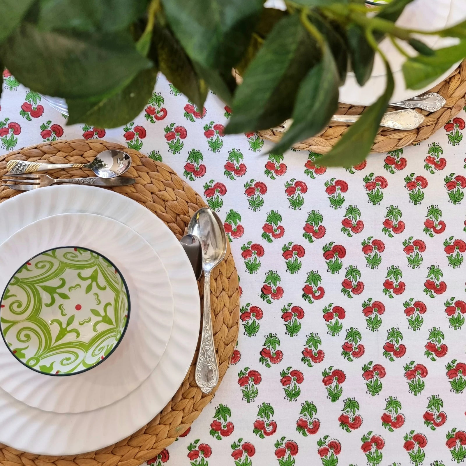 Kolka Mistletoe Hand Block-Printed & Screen Printed Textiles Tablecloth - Red