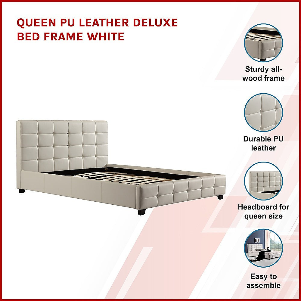 Queen PU Leather Deluxe Bed Frame White