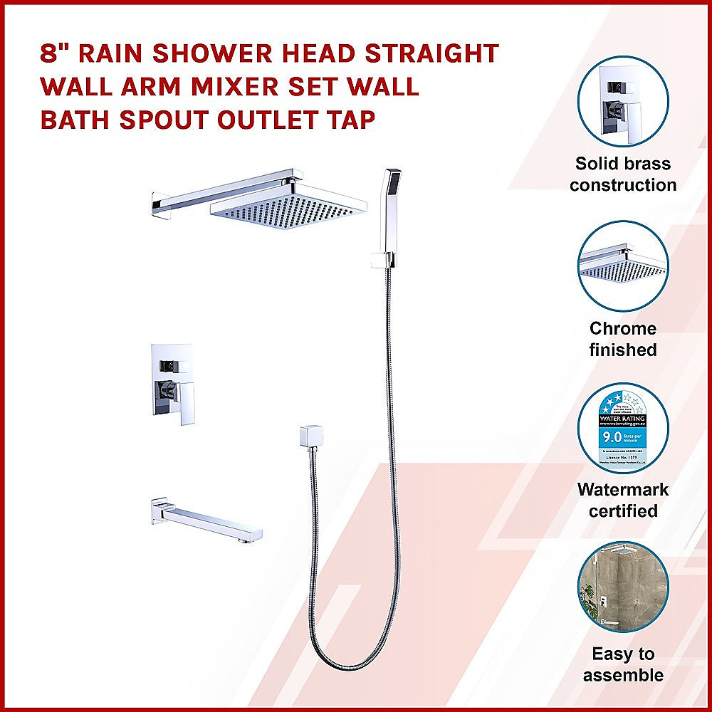 8" Rain Shower Head Straight Wall Arm Mixer Set Wall Bath Spout Outlet Tap